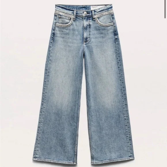 Rag & Bone Andi Embellished Ankle-Length Wide-Leg Jeans in Pacific With Jewel - Picture 10 of 16